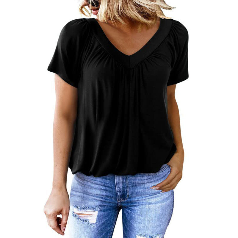 T-shirt femme uni à col en V et manches courtes
