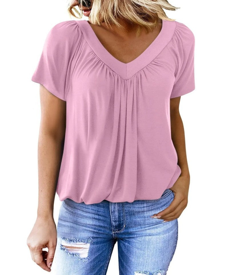 T-shirt femme uni à col en V et manches courtes