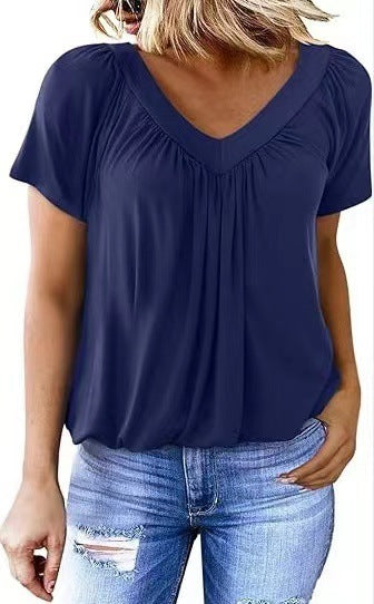 T-shirt femme uni à col en V et manches courtes