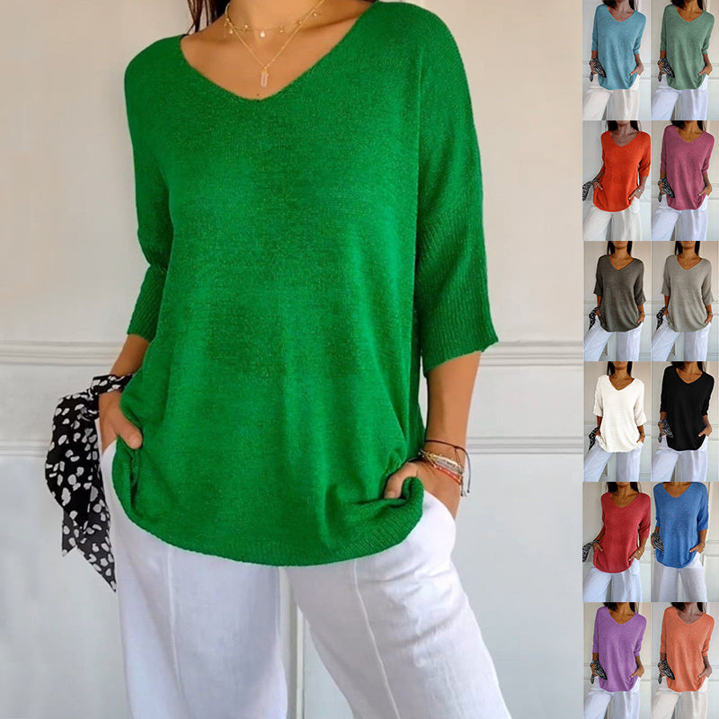 Pull Col V à Manches 3/4 – Élégance et Confort