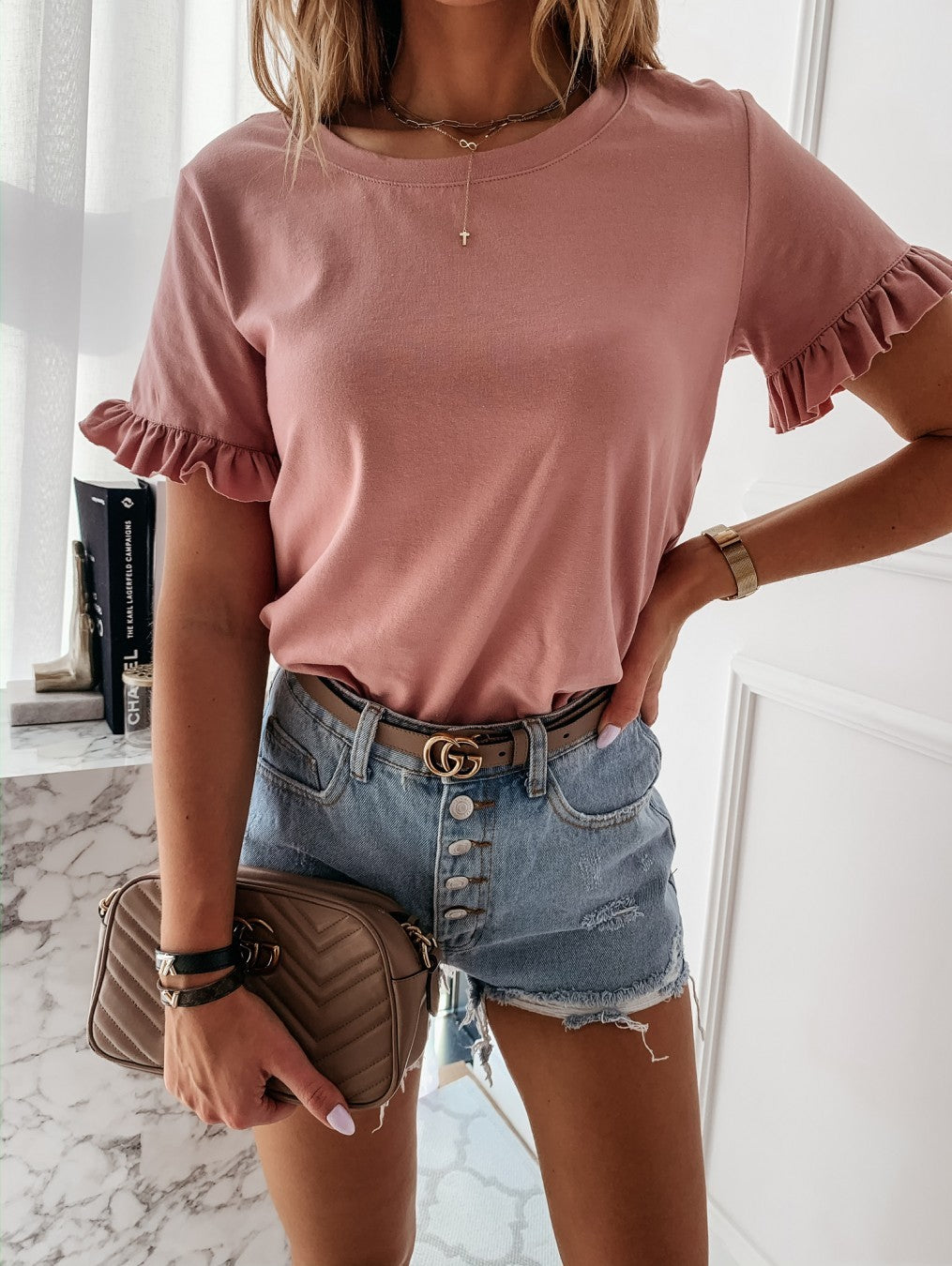 T-shirt chic à Manches à Volants - Look Casual