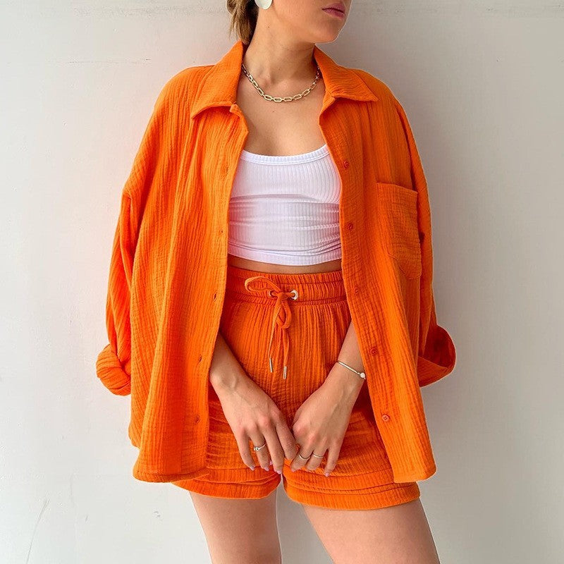 chemise à revers manches longues en chambray de printemps et short taille haute à cordon