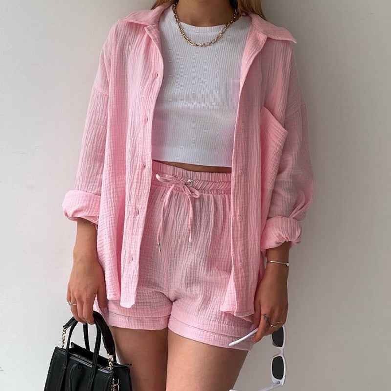 chemise à revers manches longues en chambray de printemps et short taille haute à cordon
