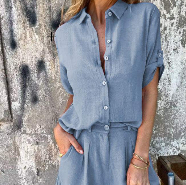 Ensemble Blouse et Short à Col Revers - Elégance et Tendance