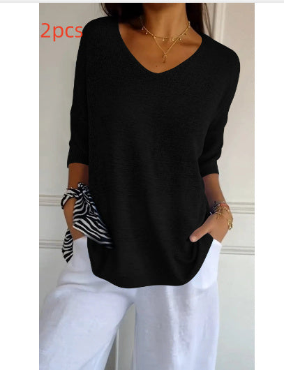 Pull Col V à Manches 3/4 – Élégance et Confort