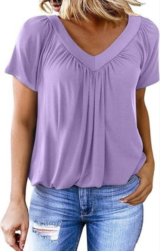 T-shirt femme uni à col en V et manches courtes