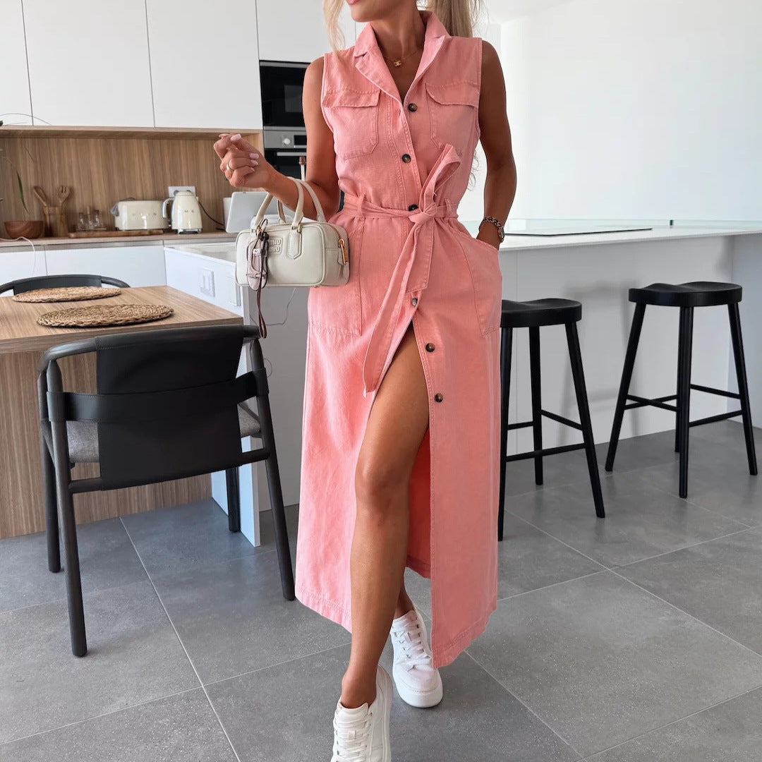 Chic Robe en Denim sans manche à col-V