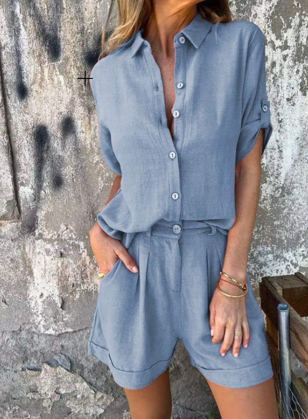 Ensemble Blouse et Short à Col Revers - Elégance et Tendance