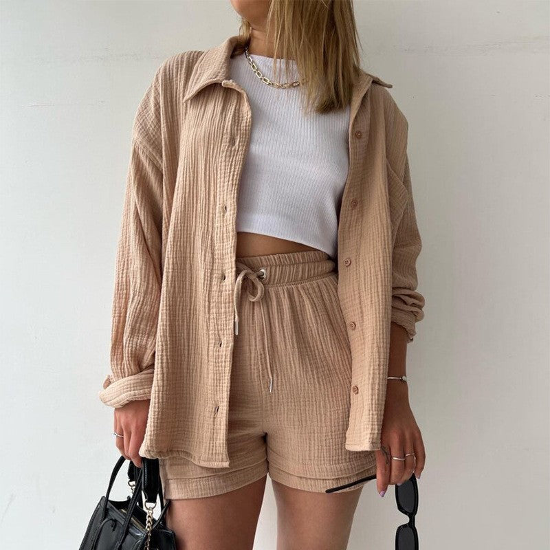 chemise à revers manches longues en chambray de printemps et short taille haute à cordon