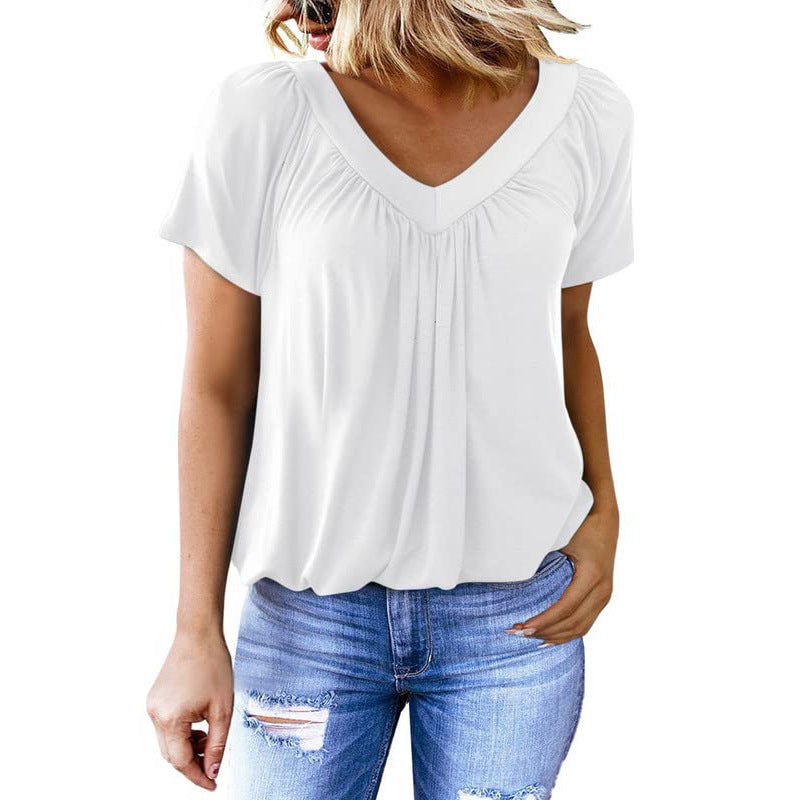 T-shirt femme uni à col en V et manches courtes