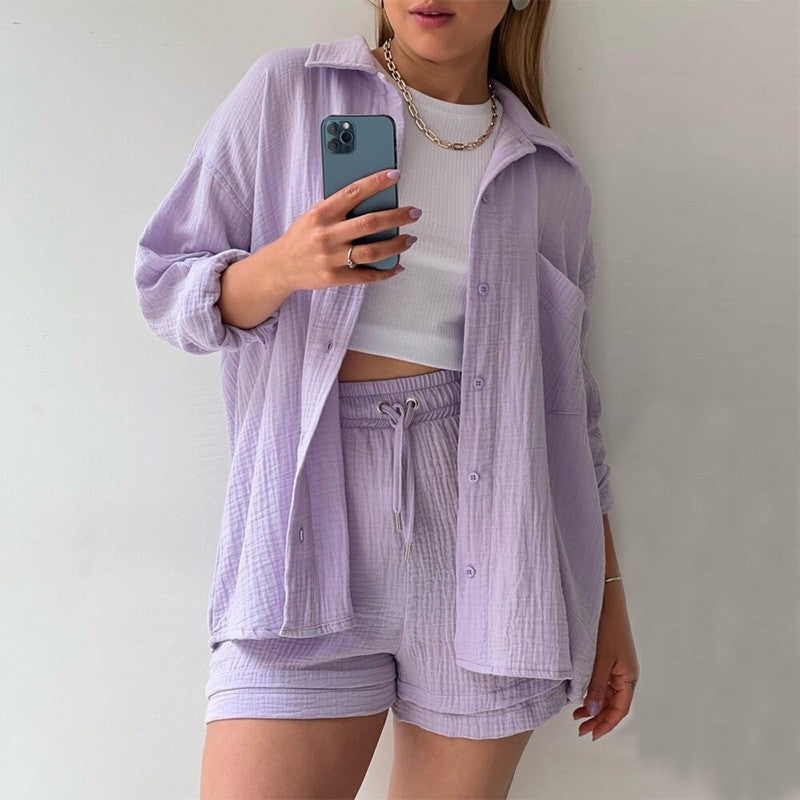 chemise à revers manches longues en chambray de printemps et short taille haute à cordon