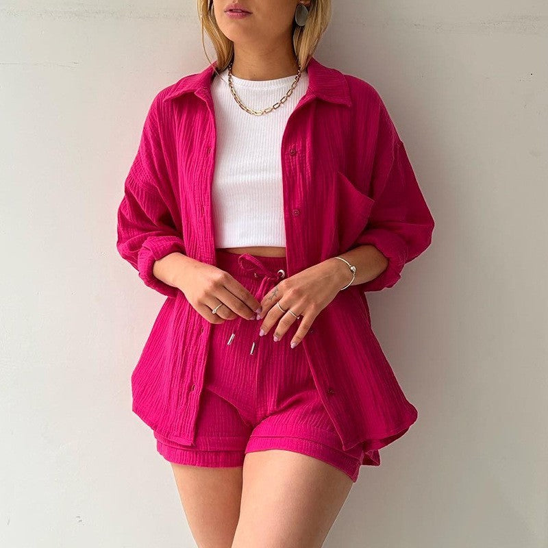chemise à revers manches longues en chambray de printemps et short taille haute à cordon