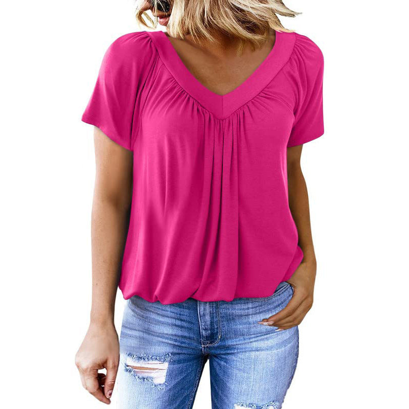 T-shirt femme uni à col en V et manches courtes