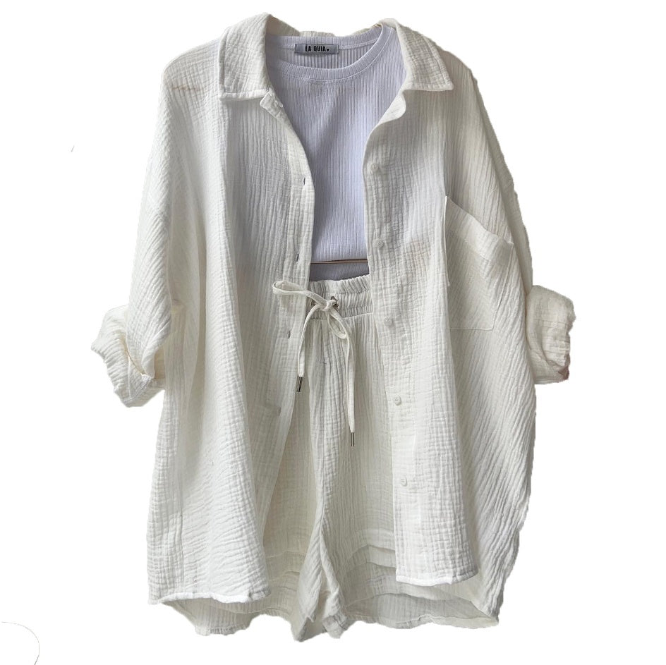 chemise à revers manches longues en chambray de printemps et short taille haute à cordon