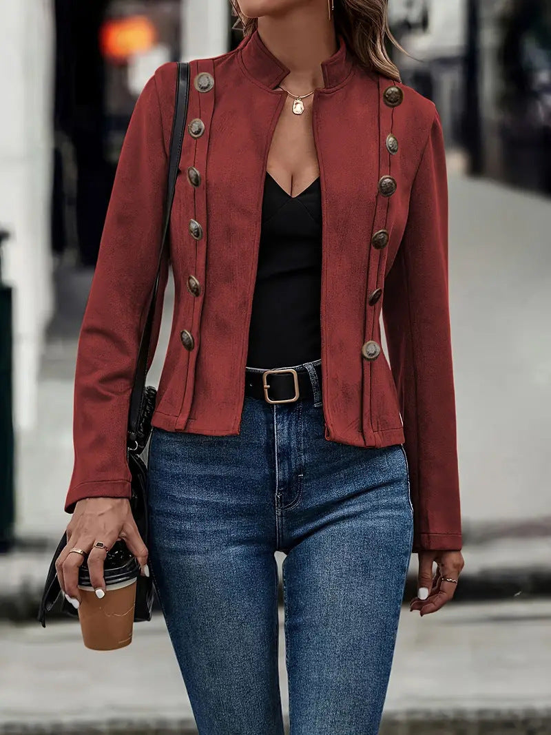Veste à manches longues décorative en velours de Deerskin pour femme, couleur unie, double boutonnage