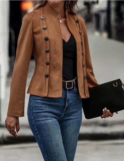 Veste à manches longues décorative en velours de Deerskin pour femme, couleur unie, double boutonnage