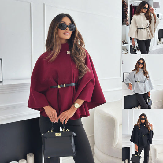 Manteau cape ceinturé à col montant silhouette fluide et affirmée
