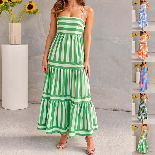Robe d'été longue à rayures avec poches, col carré