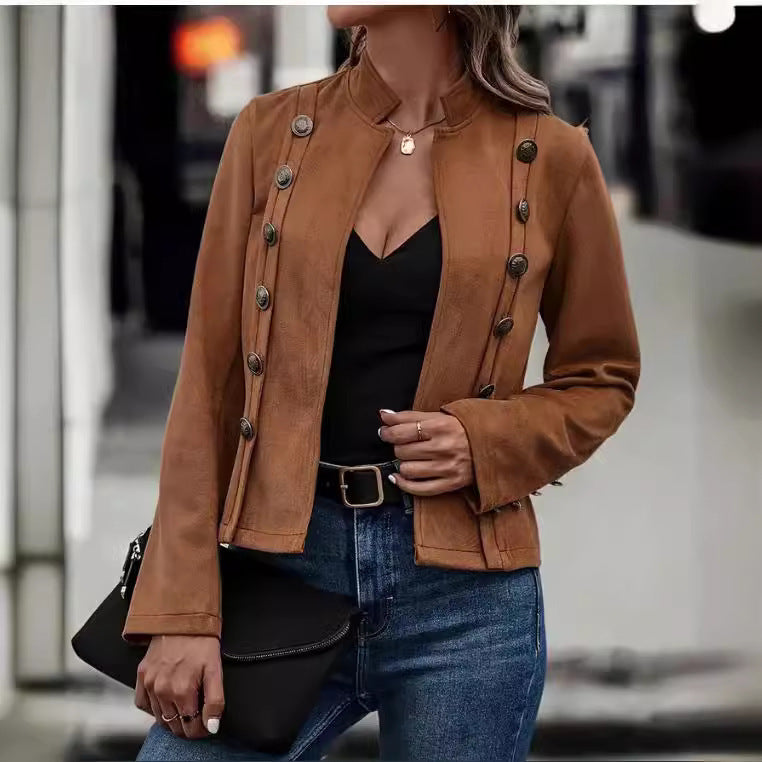 Veste à manches longues décorative en velours de Deerskin pour femme, couleur unie, double boutonnage