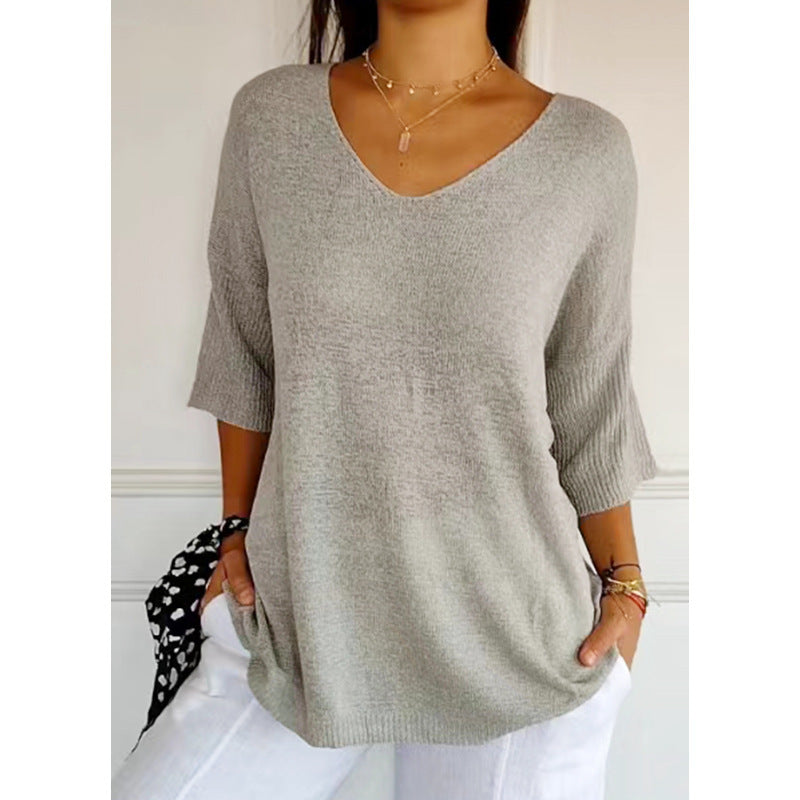 Pull Col V à Manches 3/4 – Élégance et Confort