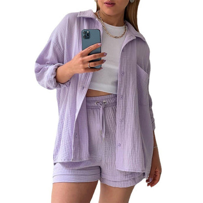 chemise à revers manches longues en chambray de printemps et short taille haute à cordon