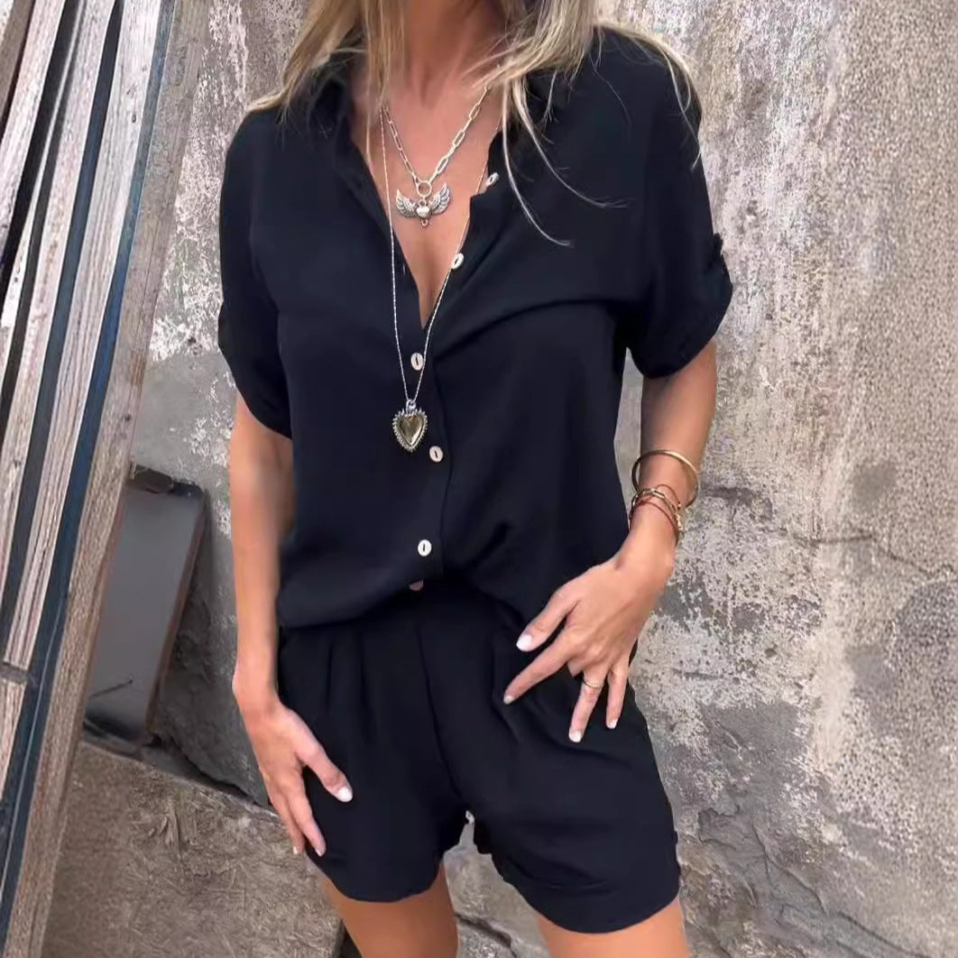Ensemble Blouse et Short à Col Revers - Elégance et Tendance