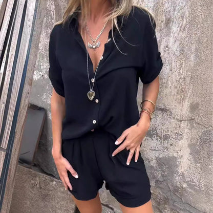 Ensemble Blouse et Short à Col Revers - Elégance et Tendance