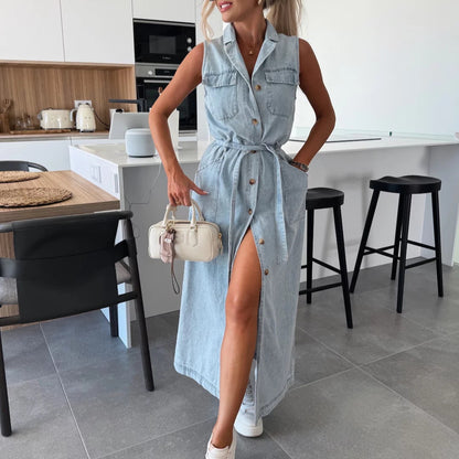 Chic Robe en Denim sans manche à col-V