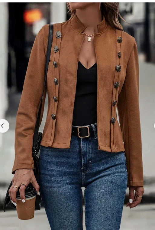 Veste à manches longues décorative en velours de Deerskin pour femme, couleur unie, double boutonnage