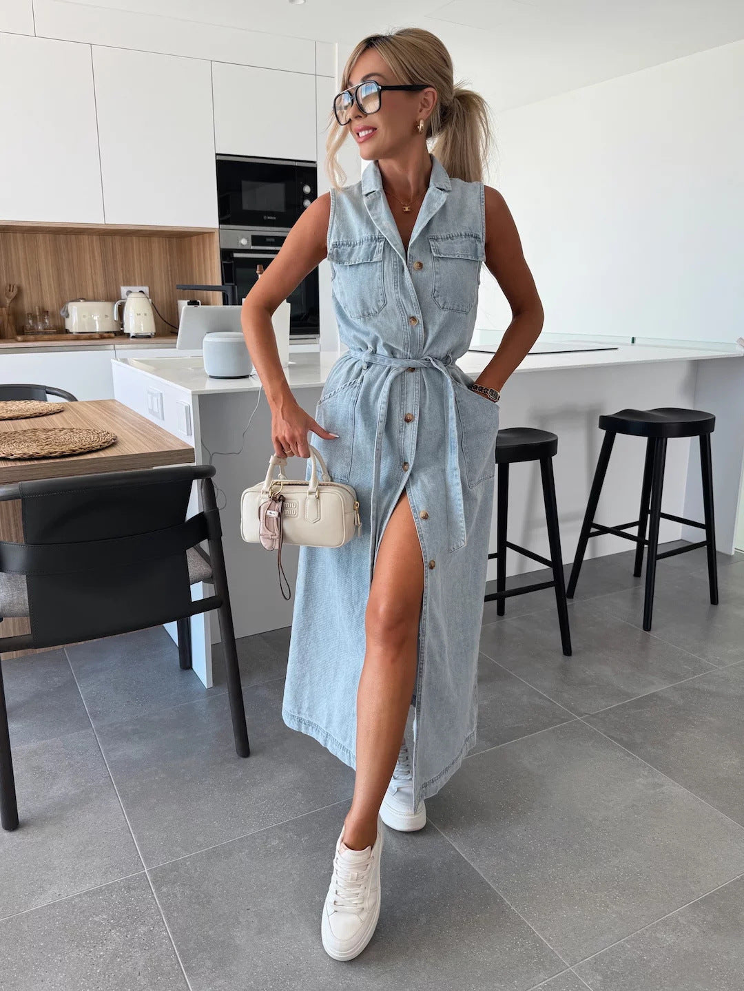 Chic Robe en Denim sans manche à col-V