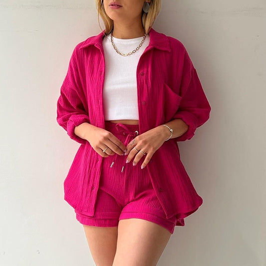 chemise à revers manches longues en chambray de printemps et short taille haute à cordon