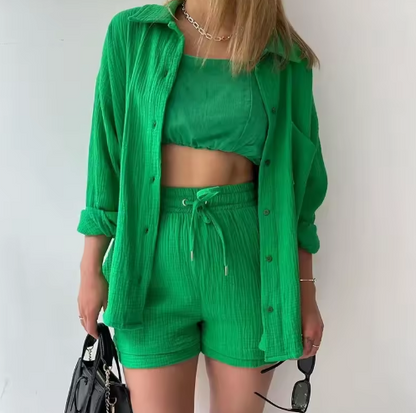 chemise à revers manches longues en chambray de printemps et short taille haute à cordon