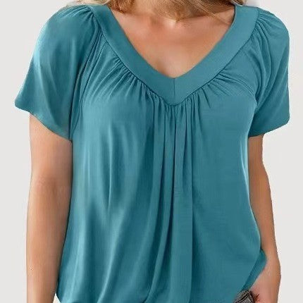 T-shirt femme uni à col en V et manches courtes