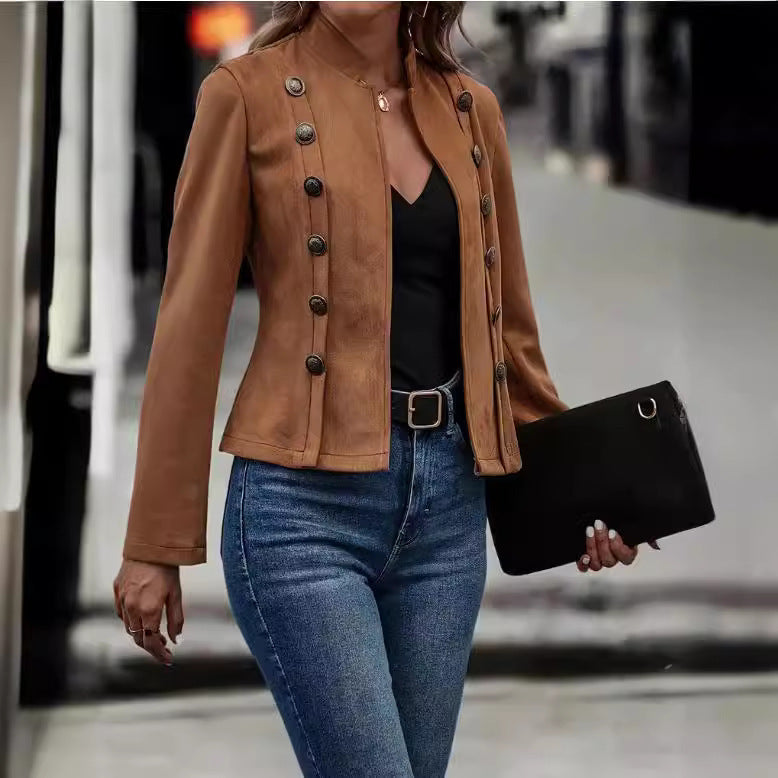 Veste à manches longues décorative en velours de Deerskin pour femme, couleur unie, double boutonnage