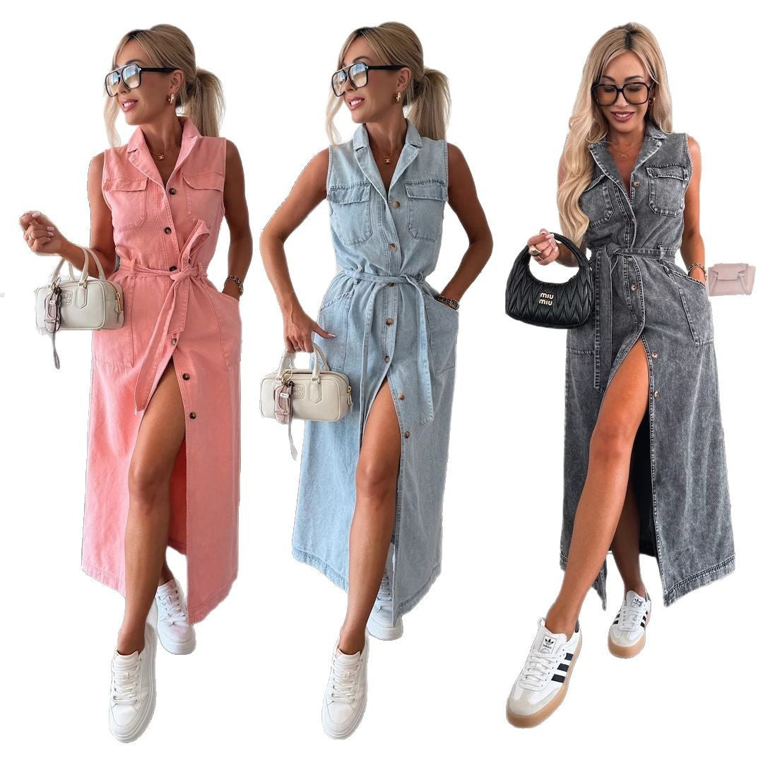 Chic Robe en Denim sans manche à col-V