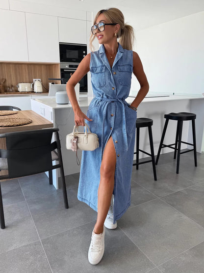 Chic Robe en Denim sans manche à col-V